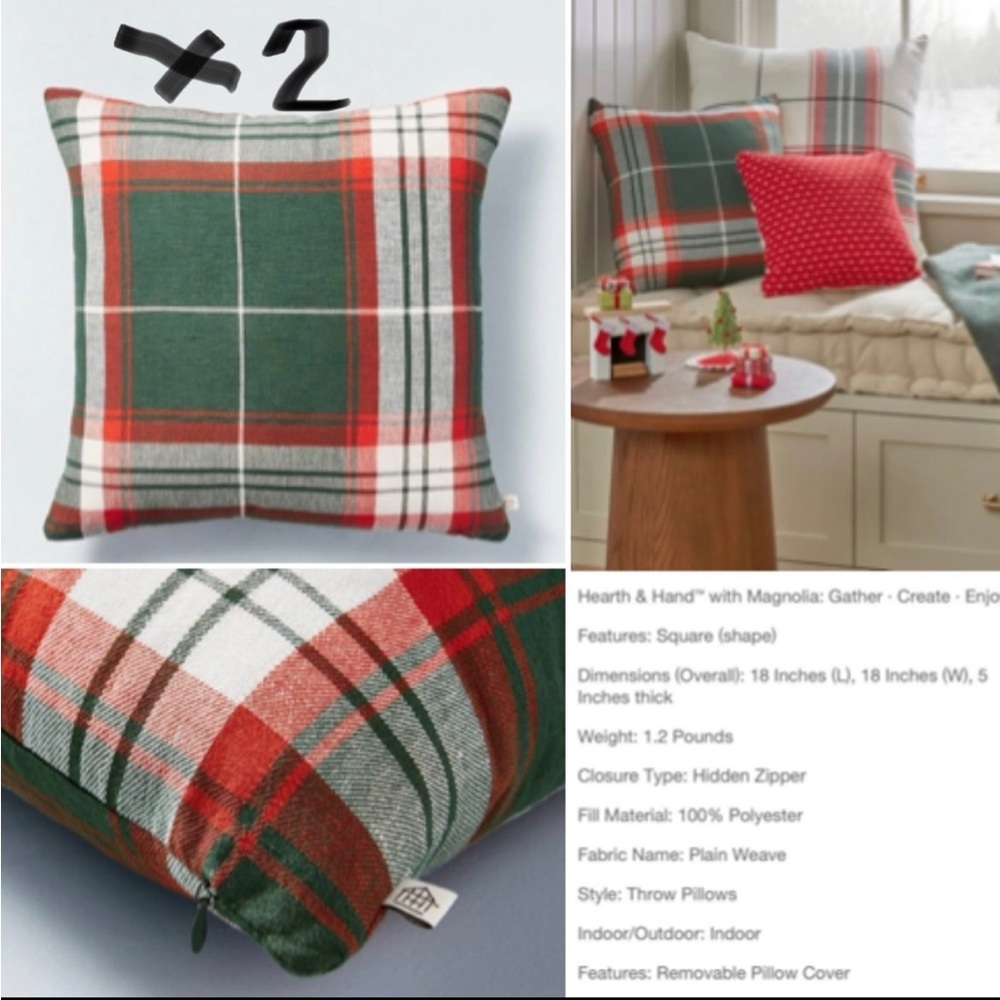 Hearth & Hand 18" x 18" Holiday Plaid Square Throw Pillow set of 2